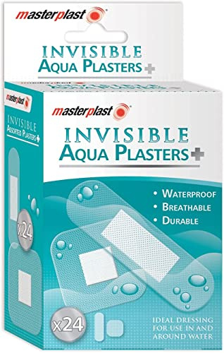 Invisible Aqua Plasters Waterproof Breathable Band Aid Plasters Keeps Wounds, cuts and grazes Clean and Dry While They heal 2 Sizes (Invisible Aqua, 24)