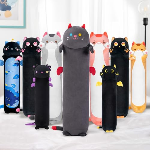 Mewaii Kuscheltier Kawaii 50CM Katzen Plüsch Kissen Schwarz Stofftiere Lang Kätzchen Plüschtier Ausgestopftes Tier Spielzeug Kuschelkissen Geschenk Plüschkissen