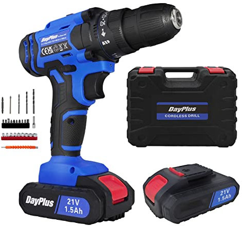 Akku-Bohrschrauber 21V mit 2 Stück 1500mAH Li-Ionen-Akku, LED-Arbeitsleuchte, 25+1 Drehmomenteinstellung, 45N.m, leichtes Bohrwerkzeug-Set mit 26 Stück Zubehör und Transportkoffer