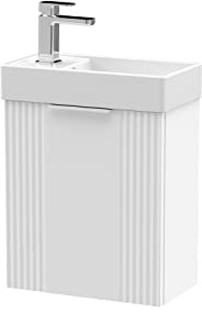 nuie FLT190 Deco Compact Modern Bathroom Wall Hung Part Fluted 1 Door Slimline Vanity Basin Unit with Ceramic Basin, 400mm, Satin White