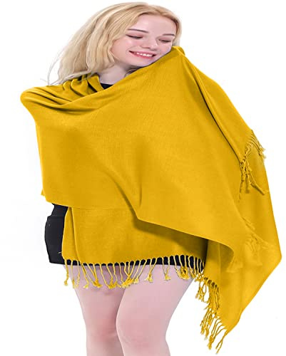 CJ Apparel Amber Yellow Solid Colour Tassels Design Nepalese Shawl Scarf Wrap Stole Throw Head Wrap Pashmina Hand Made in Nepal