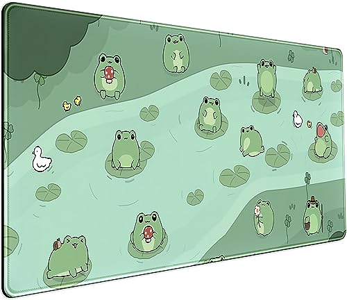 Kawaii Frogs Desk Mat Green Mouse Pad Cute Mousepad XXL Large Extended Gaming Pond Anime Frog Desk Pad 31.5x15.75 in, Japan/Korean Aesthetic Keyboard Mouse Mat for Girl Women Office Accessories