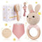 Baby Geschenk Mädchen - 100% Baumwolle Handmade Geschenk zur Geburt | Bib, Beißring-Rassel, Bürste, Schnullerkette，Holz Meilensteinkarten | geschenk zur geburt mädchen junge baby set（Pink 5-Teilig）