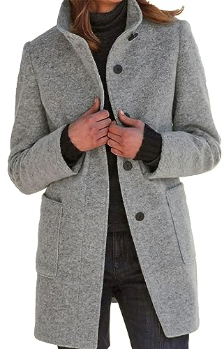 xxxiticat Women's Wool Blend Single Breasted Warm Stand-Up Collar Long Blazer Jackets Trench Coat with Pockets S-3XL, gray, M