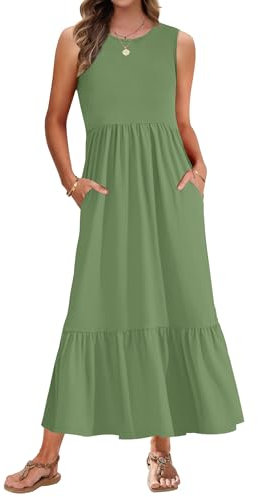 AUSELILY Maxi Dresses for Women Sleeveless Ladies Summer Dresses Round Neck Beach Cover-ups Sundress Casual Tiered Long Dress with Pockets Olive Green XXL