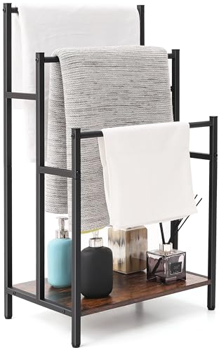 Freistehender Handtuchständer für Badezimmer, 3 Etagen, Deckenleiterhalter, Quilt-Präsentationsständer, Outdoor-Badetuch-Trockenständer mit Ablage, neben Badewanne oder Dusche, Bauernhaus, rustikales