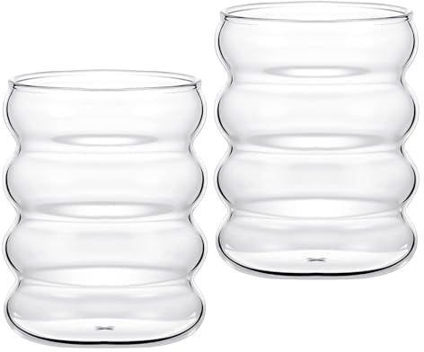 Hanunalir 2 Pcs Drinking Glasses, Clear Glass Cup, Wave Shape Creative Coffee Cups Glass, 300ml Vintage Ribbed Glassware Bubble Juice Glasses (21811)