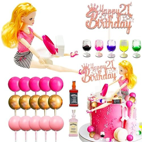 JeVenis Gold Twenty One Birthday Cake Decorations Bottle Glass Topper 21st Cake Topper for Her Fun Doll Decorations 21st Birthday Decorations for Her