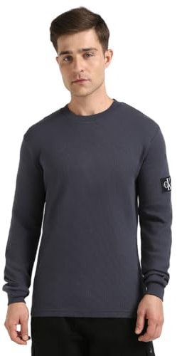 Calvin Klein Men’s Badge Cotton Waffle Long Sleeve Top, Blue (India Ink), XXL