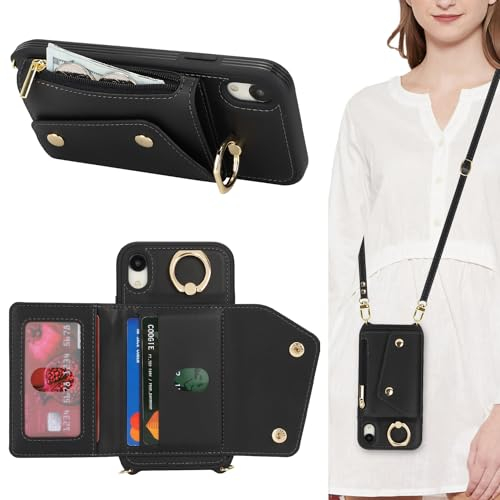 Lipvina Cover per iPhone XR con cordino Porta Carte Custodia iPhone XR con cerniera cordino Ring portafoglio donna - Nero