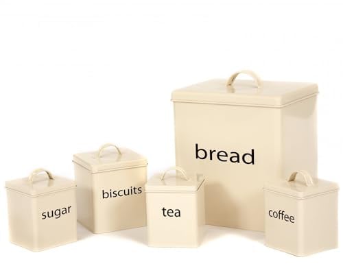Crystals Cream Bread Bin & Canisters Set – 5 Piece Rectangular Metal Storage Containers – 28.5 cm (L) x 30.5 cm (H) x 20.5 cm (W) – Classic Elegant Bread Bin & Tea, Coffee, Sugar Canisters
