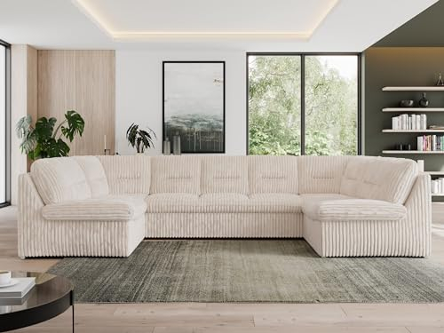 MKS MEBLE Sofa XXL U-Form, Wohnlandschaft U Form mit Schlaffunktion, Sofa mit Schlaffunktion, Schlafsofa mit Topper, Wohnzimmer Couch mit schlaffunktion - Morbido U - Beige Cord