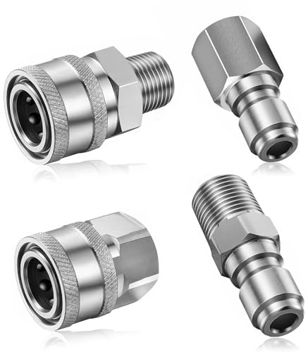 4Pcs Pressure Washer Couplers - Male Female Hose Adapter - NPT 1/4 Stainless Steel Quick Connect Fittings - with Internal External Thread for Connections to Hoses Pumps Ball Valves (Silver)