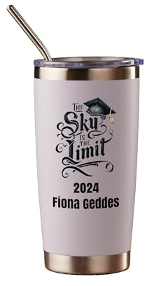 Personalised Graduation Travel Mug Flask, 20oz/591ml, Double Wall Insulated Stainless Steel, White, with Straw