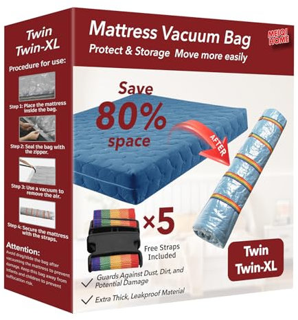 MEIQIHOME Twin/Twin-XL Mattress Vacuum Bag, PA+PE Material, Rectangular, Zipper Closure, 51.2 x 98.4 x 18, 80% Compression, Ideal for Moving and Storage