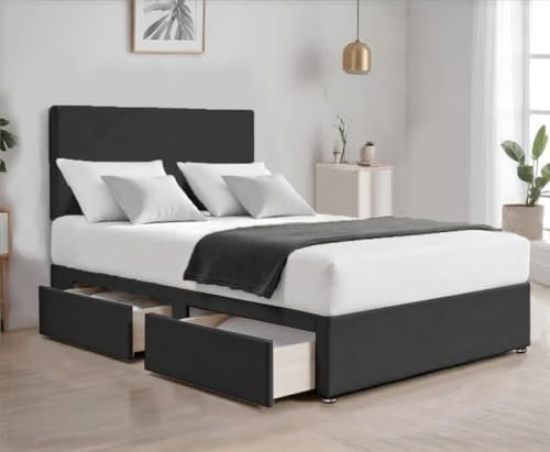 Cloud Comfort Suede Fabric Divan Bed | Luxurious Double Bed Frame with Spring Memory Foam Mattress & Storage 2-Drawers | Plain 20” Headboard – Dreamlike Rest Awaits! (BLACK, 4FT6 Double Bed)