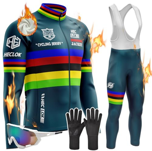 Abbigliamento Ciclismo Uomo Invernale Tuta da Ciclista Manica Lunga Completo, Antivento e Caldo, MTB Bici, 9D Gel Pantaloni Lunghi con Pettorina Set di Abbigliamento Ciclista (TYP-6,M)