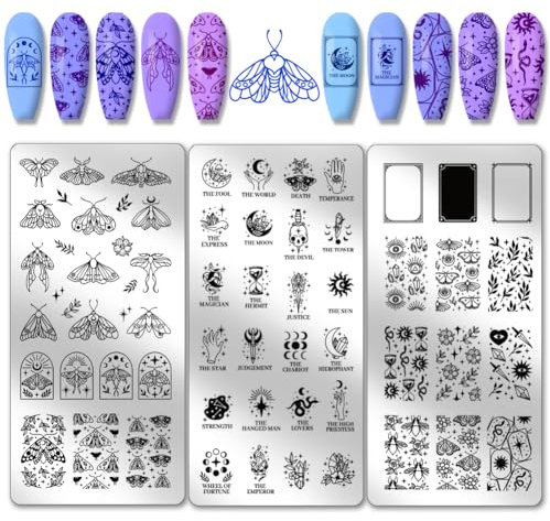 PH PandaHall 3 placas de estampado de arte de uñas de tarot, 63 patrones de fantasía, polilla de fantasía, elementos de fantasía, placa de estampado de uñas, plantillas de uñas de acero inoxidable,