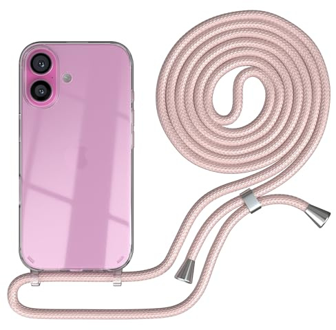 EAZY CASE Handykette kompatibel mit iPhone 16 Handyhülle mit Umhängeband, Handykordel mit Schutzhülle, Silikonhülle, Hülle mit Band, Stylische Kette für Smartphones, Rosé-Gold