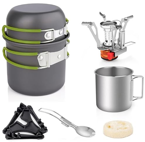 Batterie de cuisine de camping pour l'extérieur, la cuisine, le camping, la randonnée, le pique-nique, réchaud de camping pliable et léger avec tasse et fourchette en acier inoxydable (vert)