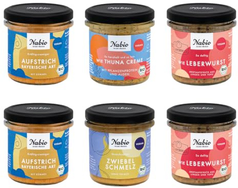 NABIO | Herzhafte Brotzeitbox I 6er Box Bio-Aufstriche I 2x Aufstrich bayerische Art, 2x Wie Leberwurst, 1x Wie Thuna Creme, 1x Zwiebelschmelz I vegan I (6 x 135g)