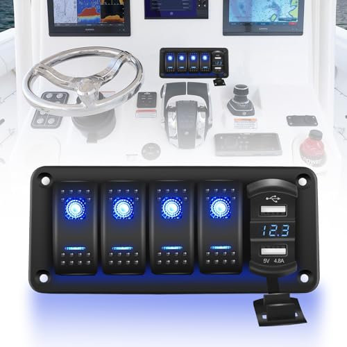 Chelhead 4 Gang Panneau de commutateur à bascule, chargeur USB double 4,8A étanche à l'eau, avec éclairage arrière bleu, panneau de commutateur à bascule 12V avec voltmètre LED, pré-câblé