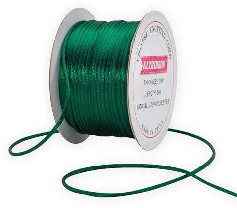 KLTRIBBON Cordoncino natalizio verde da 2 mm, 50 m, per nodi cinesi, coda di topo, corda di seta per bracciali, collane, gioielli e macramè