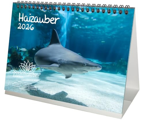 Haizauber DIN A5 Tischkalender für 2026 Hai - Geschenkset Inhalt: 1x Kalender 1x Weihnachtsanhänger 1x Grußanhänger (gesamt 3 Teile)