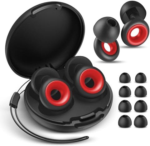 Ear Plugs for Sleeping Noise Cancelling, 30dB Noise Reduction Earplugs, Soft Silicone Reusable Hearing Protection Earplugs for Deep Focus, Work, Travel, Concert with Case & 8Eartips,HTB-Black Red