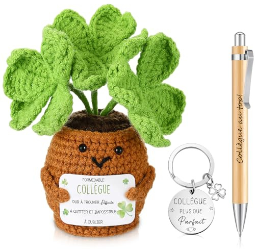 Hicarer Cadeau Plante Porte-Bonheur Cadeau Collègues de Travail Femme Anniversaire Trèfle à Quatre Feuilles Crochet Feuilles Porte-Clés Stylo à Bille en Bois pour Femme, Amie, Copine