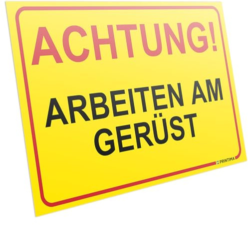 PRINTIMA PVC Schild „ACHTUNG! ARBEITEN AM GERÜST“ 32x21cm – Warnschild mit Montagedübeln – Witterungsbeständige Sicherheitskennzeichnung für Baustellen & Außenbereiche