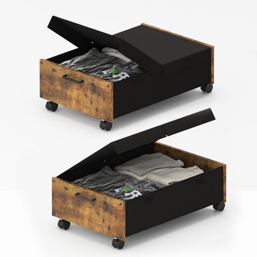 2 Pack Under Bed Storage Box on Wheels,Rolling Storage Containers with Lid,Metal Frame Clothes Organiser Drawer,Large Underbed Storage Bins,Clothes Boxes for Clothes,Shoes,Blankets,Toys (Brown-80L)