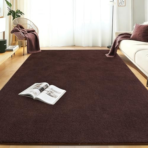 Teppich Wohnzimmer Groß 140x200cm Braun, Waschbarer Kurzflor Teppich | Flauschig Weich & Rutschfest, Einfarbiges, Modernes Design für Wohnzimmer, Kinderzimmer, Flur und Büro