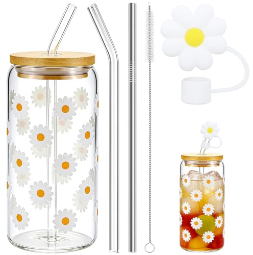 UGBO Gobelet en Verre avec Couvercle et Paille Verre Matcha 16 oz Bow Verre à Boire Tasses à Café Glacé Tasse en Verre Cadeau Femme Anniversaire Noël Fleurs