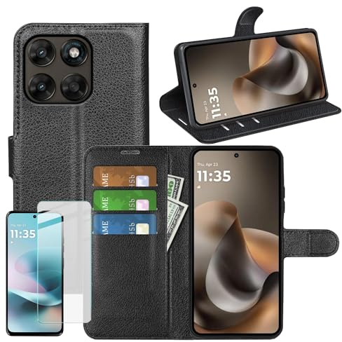 Wigento Klapphülle Schutzglas Set für Motorola Moto G67 / Moto G77, Kunstleder Wallet Hülle, Kartenfach, Standfunktion, 9H Displayschutz Glas Handyhülle (Schwarz)