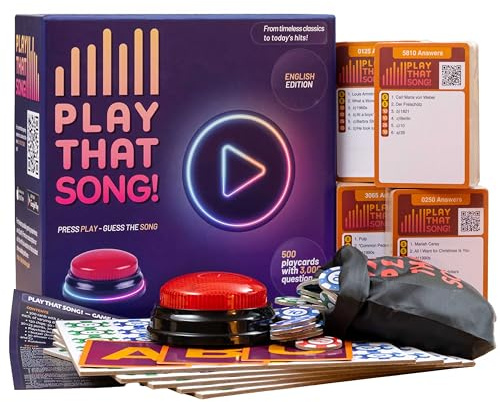 Play That Song! New Music Party Game English-Edition - 500 Playcards, 3000 Questions - Music Quiz Game with App, QR Code & Buzzer - Cheerful Hitstar Party Games for Adults