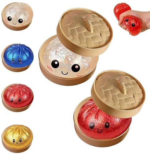 2 Stück Dumpling Squishy, Glitter Dumpling Squishy mit Dampfgarer Box, Anti Stress Ball Knetball, Weiches Squeeze Toy Fidget Spielzeug, Süße Stress (A)