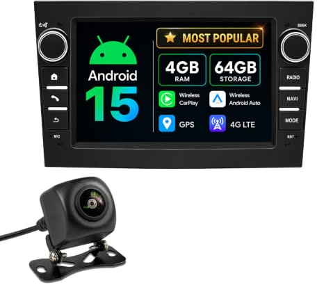 7 Android 15 Octa Core Car Stereo for Vauxhall Opel Corsa Astra Zafira Vectra, 8-Core 4+64GB Sat Nav with 4G LTE WiFi Wireless CarPlay Android Auto, Touch Screen Radio Bluetooth DSP + Camera (Black)