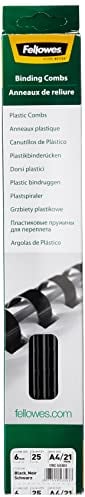 Fellowes Binderücken für Plastikbindung, 6 mm Durchmesser, 21 Ringe, für A4 Dokumente, schwarz, Packung mit 25 Stück