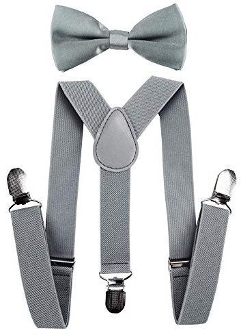 axy Hochwertige Kinder Hosenträger-Y Form mit Fliege- 3 Clips EXTRA STARK-Uni Farben (Hellgrau)