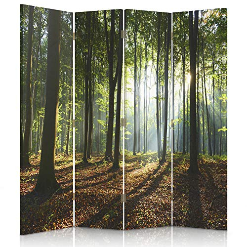 Feeby Paravent Wald Baum Landschaft 145x180 cm 4 Teilig Modern Design beidseitig Raumteiler Wandschirme Foto Trennwand Raumtrenner Sichtschutz Spanische Wand auf Leinwand Bedruckt Natur Grün