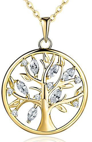 JO WISDOM Halskette Baum Des Lebens,Kette anhaenger silber 925 baum des lebens Familie Anhänger Halskette mit 3A Zirconia April Geburtsstein mit Gelbgold überzogen,Damen Schmuck,Schmuck für Frauen