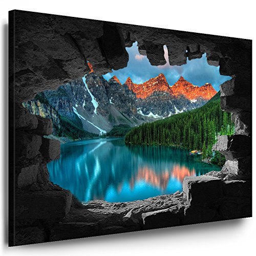 Julia-Art Bilder XXL Leinwandbilder Wand Loch Illusion - 50 x 60 cm Wandbilder mit Keilrahmen Bild Verschiedene Motive Blick auf Meer Strand Palmen, Wald Berge See Wasserfall Kunstdrucke n-01-30
