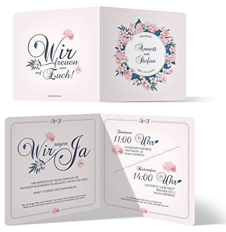 Personalisierte 10-100x Stück Hochzeitseinladungen/Einladungskarten zur Hochzeit Einladung individuell - Blumen Romantik Motiv, Klappkarte Quadrat 148x148mm, dickes 300g/qm Papier