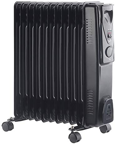 NRG 2.5KW Black 11 Fin Oil Filled Radiator Portable Electric Heater | with Adjustable Thermostat