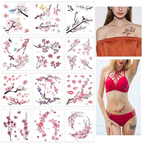 Glaryyears Flower Birds Temporary Tattoos, 12 Sheets Cherry Blossoms Fake Realistic Tattoo Sticker for Women Girls, Sexy Leaf Body Art for Seasons