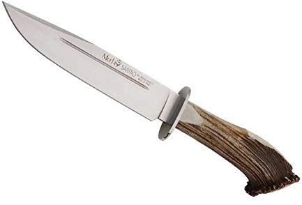 Muela Cuchillo de caza SARRIO-19S hoja de acero inoxidable MoVa de 19 cm y empuñadura de roseta de ciervo para Caza, Pesca, Supervivencia y Bushcraft + Portabotellas de regalo