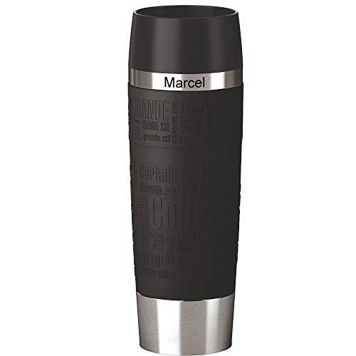 Sterngraf Emsa Isolierbecher MIT Gravur - Oben - (z.B. Namen) TRAVEL Mug Grande XXL 500ml Schwarz, 4h heiß/ 8h kalt, 100% dicht, auslaufsicher, Kaffee & Tee Thermo to-go-Becher
