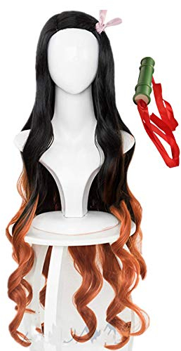 Topcosplay Lang Schwarz Orange Lockig Perücke für Halloween Kostüm Party
