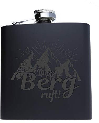 FORYOU24 Edelstahl Flachmann mit Gravur Berge Black Geschenk für Papa Opa Onkel Freund Camping, Outdoor